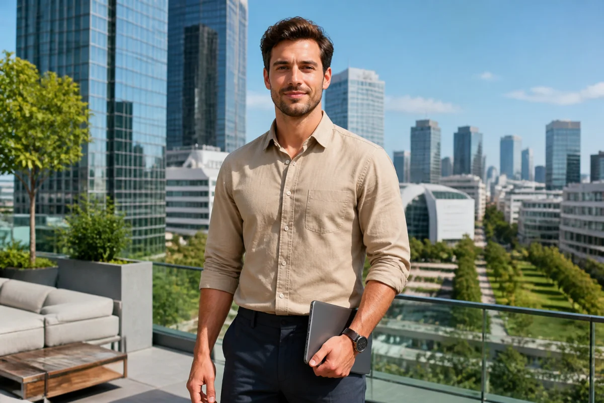 Jeune professionnel confiant sur une terrasse surplombant un quartier d'affaires moderne, illustrant le salaire moyen en Allemagne.