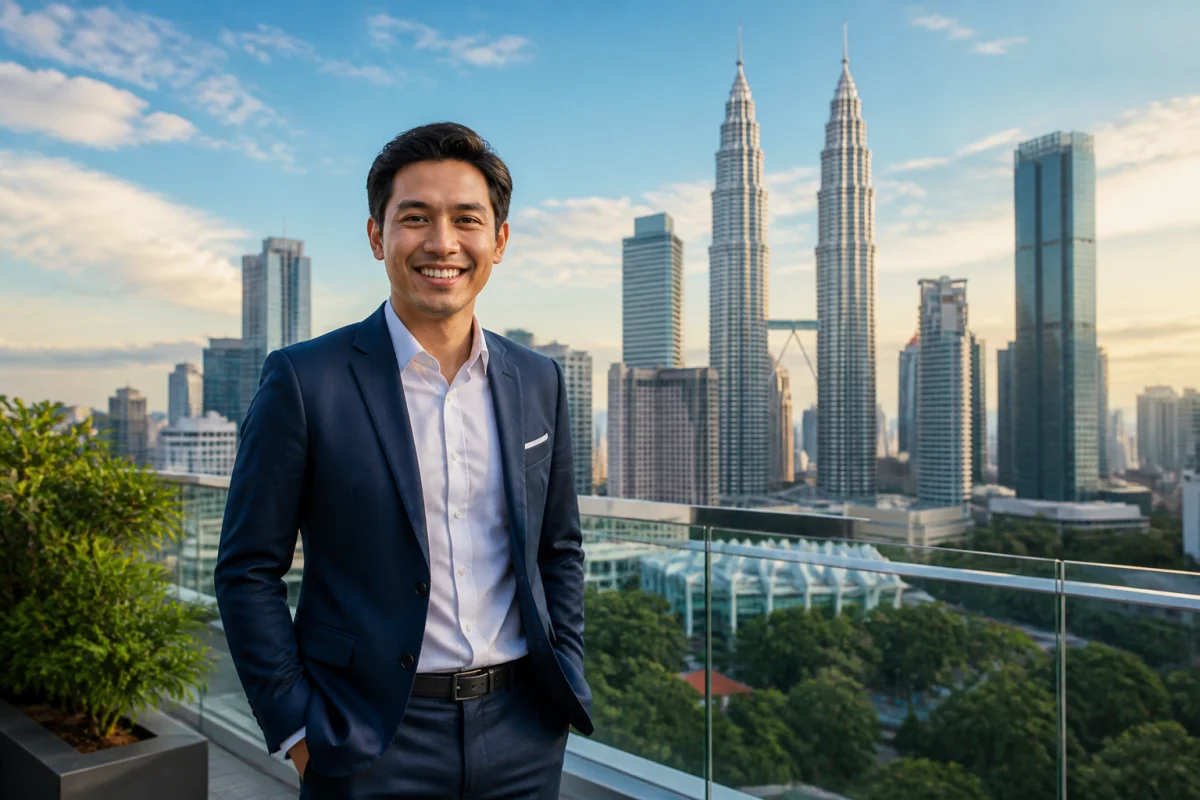 Jeune professionnel souriant devant la skyline de Kuala Lumpur, illustrant le contexte du salaire moyen en Malaisie.