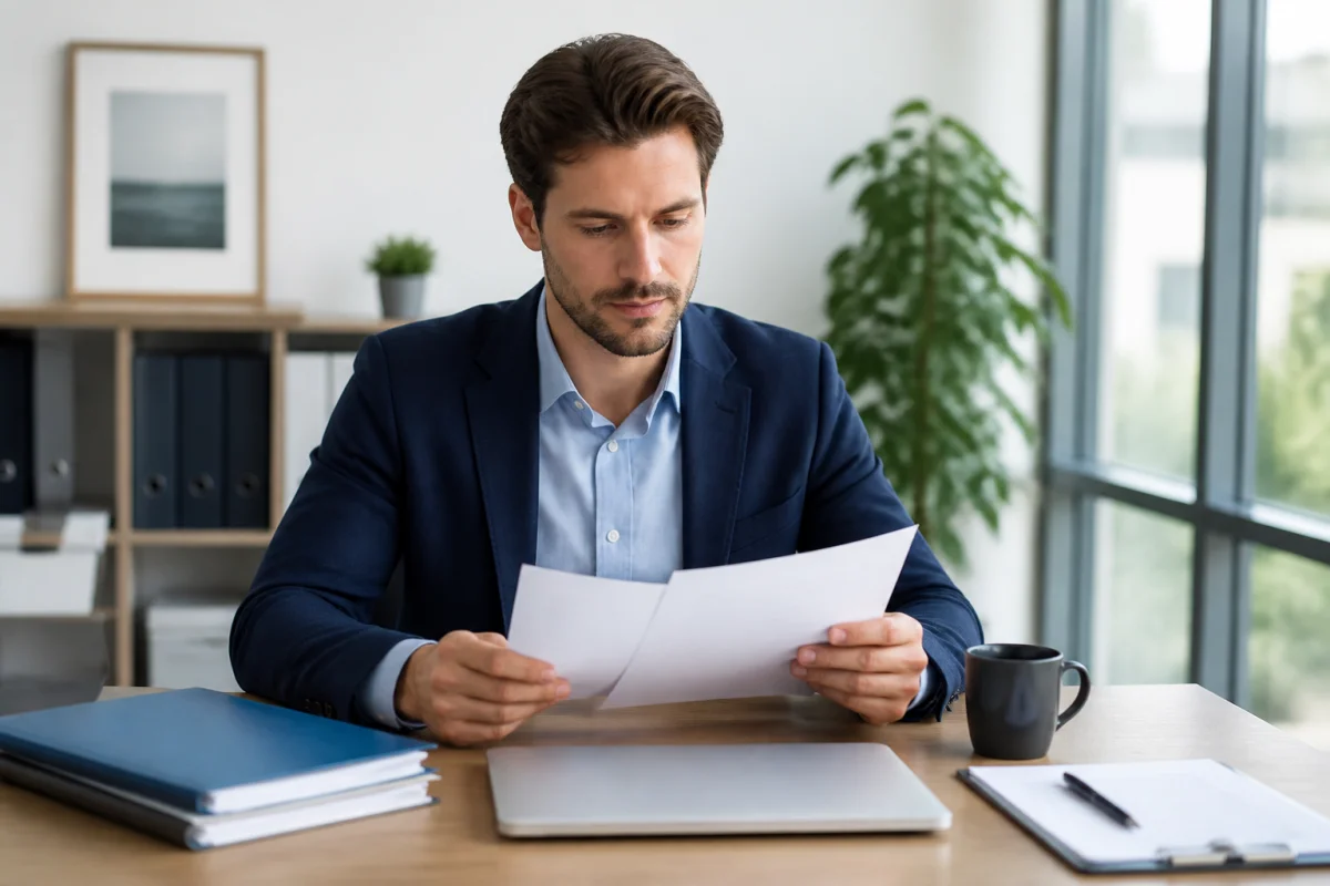 Professionnel concentré travaillant dans un bureau moderne et ordonné pour gérer une absence injustifiée de 2 jours.