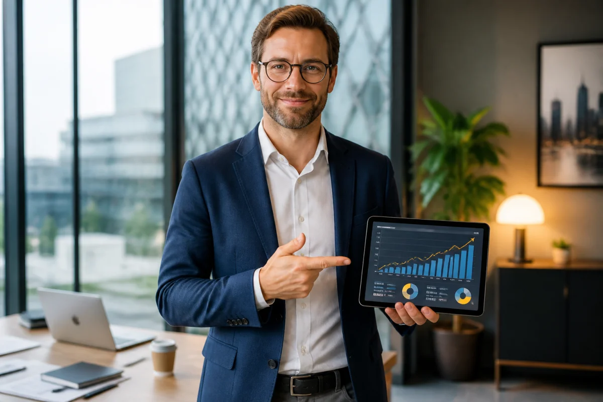 Professionnel en tenue de bureau consultant des graphiques de croissance sur tablette dans un bureau moderne en Allemagne.