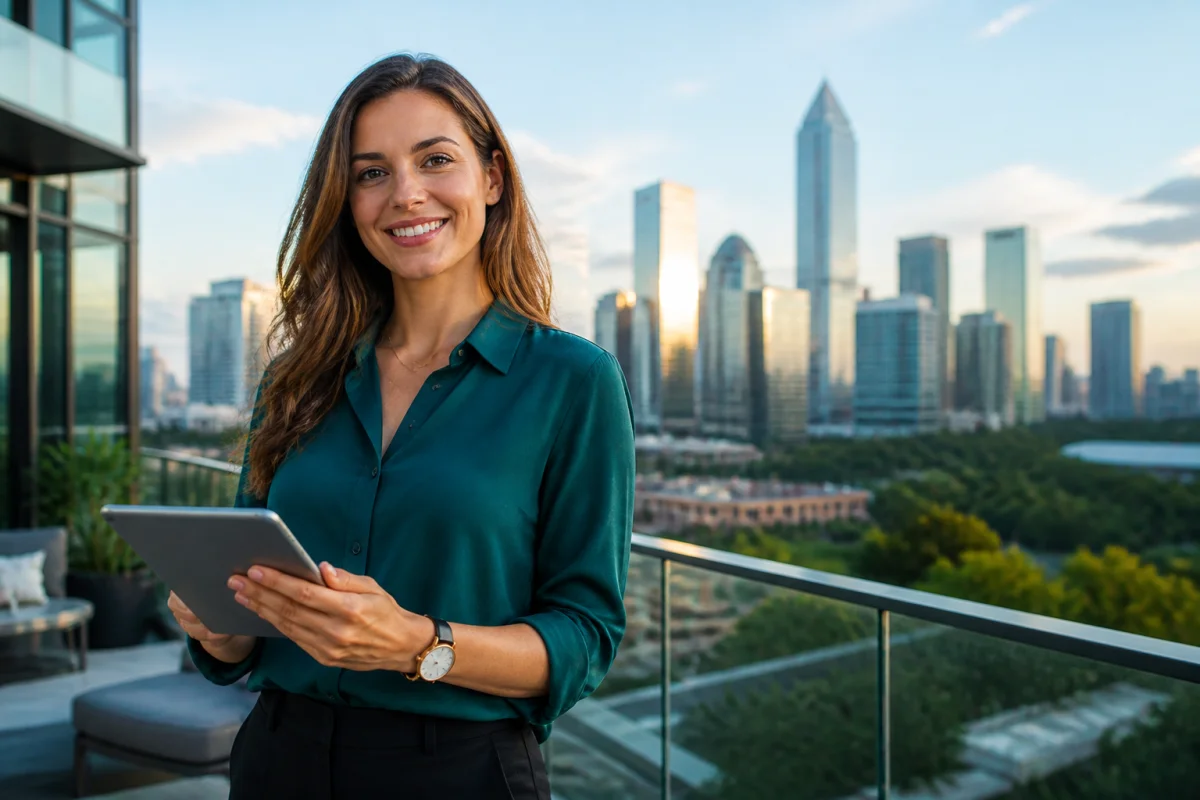Jeune professionnelle souriante sur un rooftop urbain, illustrant la croissance économique et le salaire moyen en Roumanie.