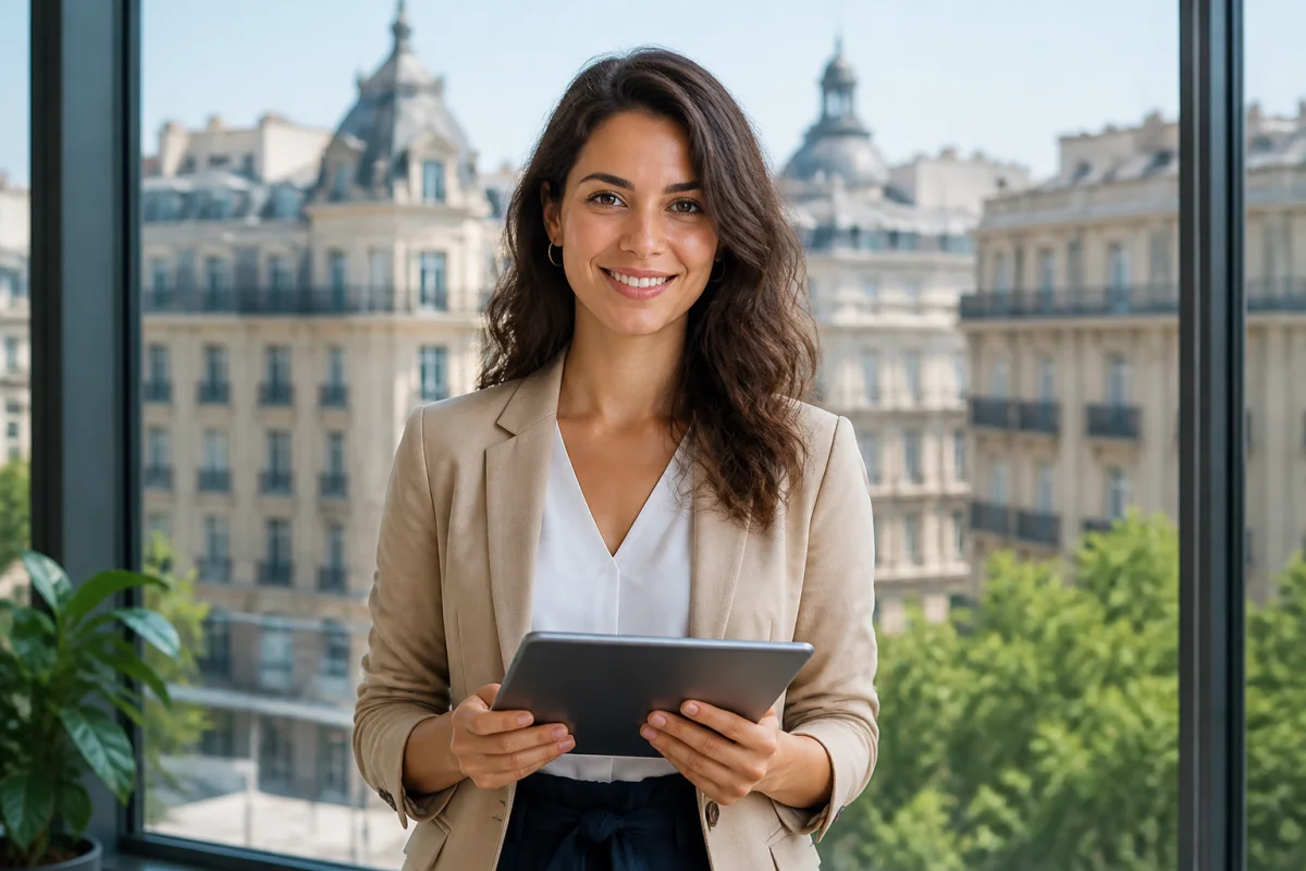 Jeune femme professionnelle souriante avec une tablette dans un centre urbain moderne, illustrant le salaire moyen en Roumanie.