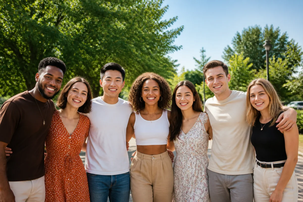 Groupe diversifié de jeunes adultes souriants dans un parc, symbolisant la solidarité contre le slogan harcelement.