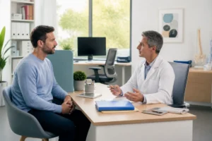 Salarié échangeant avec le médecin du travail lors d’une visite de reprise après harcèlement moral au travail