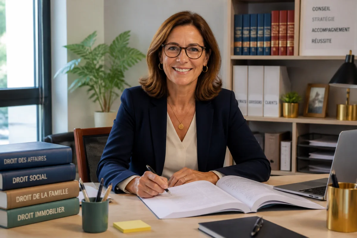 Avocate de 50 ans en reconversion, souriante dans un cabinet juridique avec dossier ouvert et bibliothèque de droit en arrière-plan
