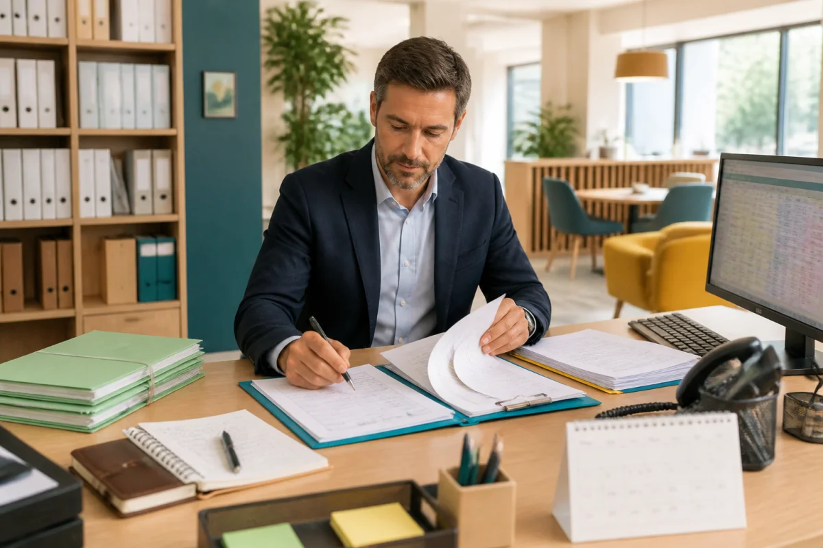 Clerc de notaire de 40 ans organisant des dossiers juridiques dans un office notarial moderne et lumineux