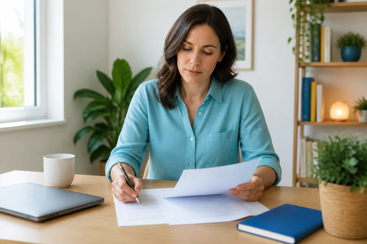Personne rédigeant un exemple de plainte pour harcèlement psychologique dans un bureau lumineux et apaisant