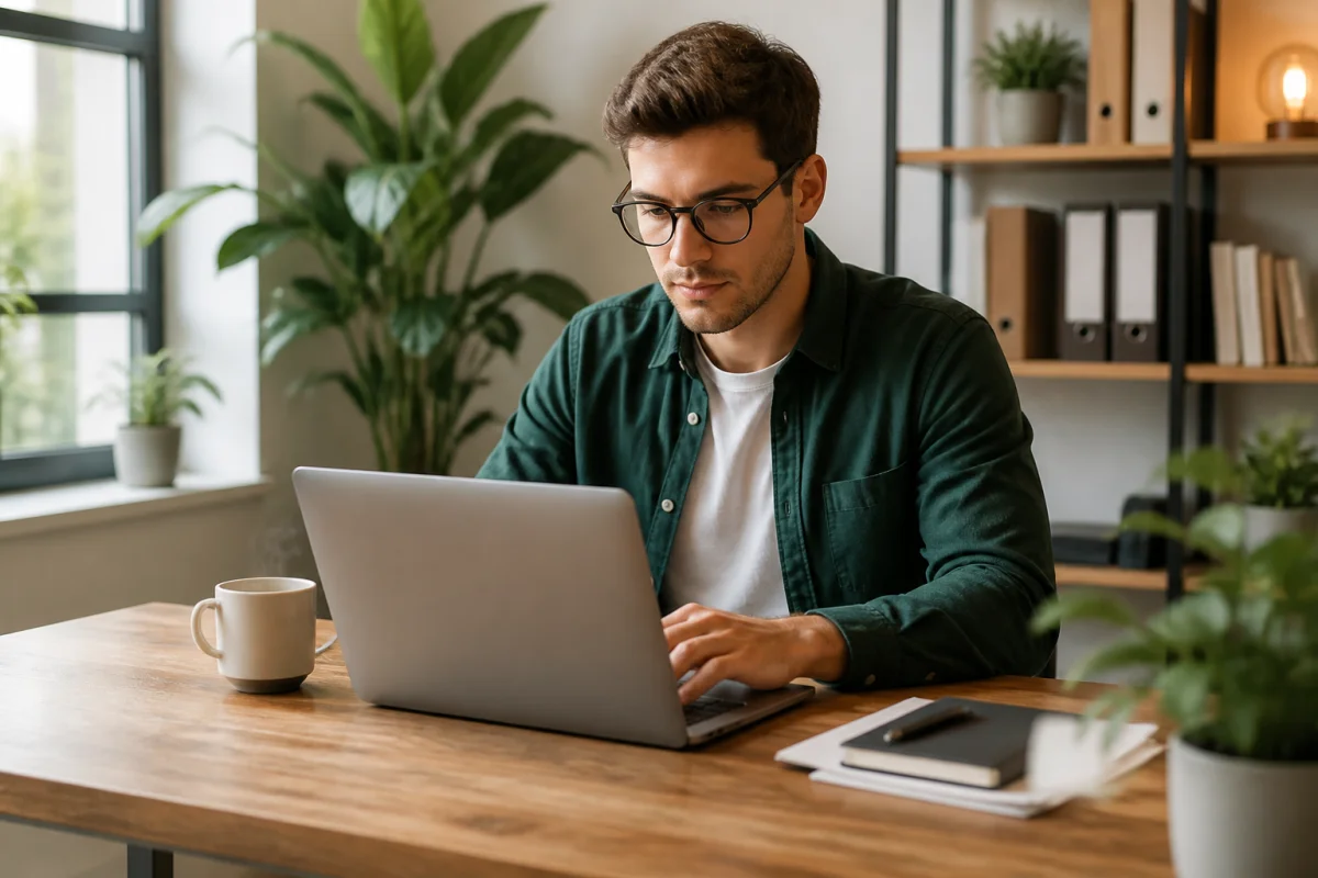 Jeune professionnel écrivant un e-mail sur son ordinateur portable pour rédiger une formule de politesse pour excuser une absence.