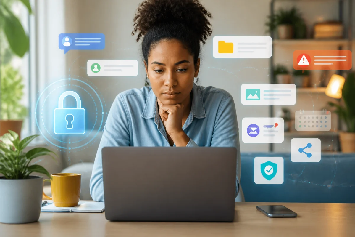 Jeune adulte préoccupé face à des notifications anonymes, illustrant les types de harcèlement numérique et la protection de la vie privée