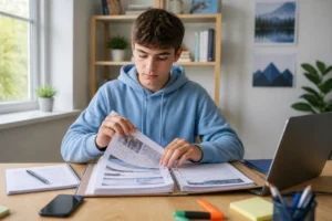Adolescent rassemblant des preuves de harcèlement scolaire dans un dossier, avec ordinateur et téléphone sur son bureau
