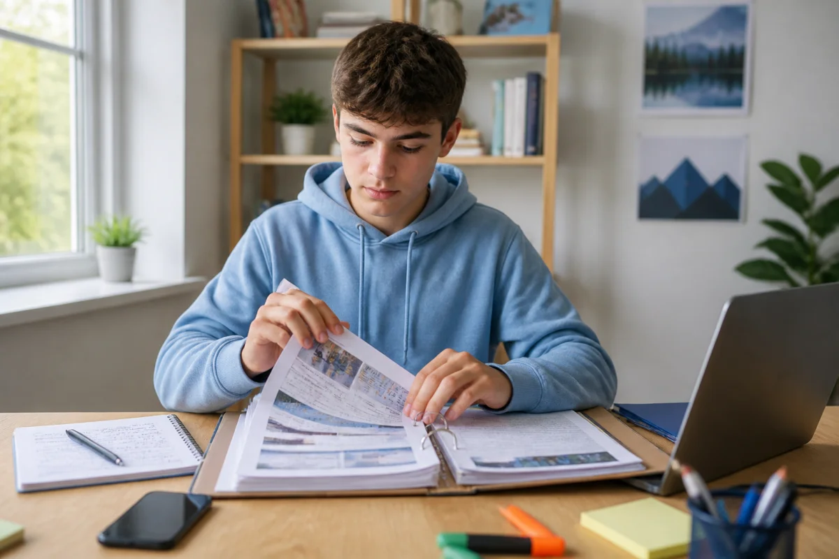 Adolescent rassemblant des preuves de harcèlement scolaire dans un dossier, avec ordinateur et téléphone sur son bureau