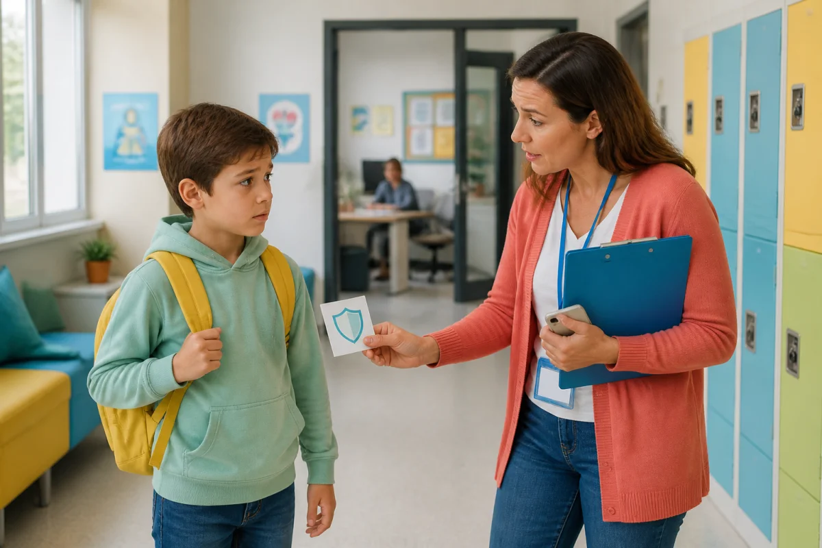 Harcèlement scolaire : enfant inquiet accompagné par une adulte référente vers un espace sécurisé de l’école