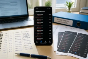 Smartphone affichant des appels répétés, carnet de preuves avec dates et numéros, dans un bureau organisé