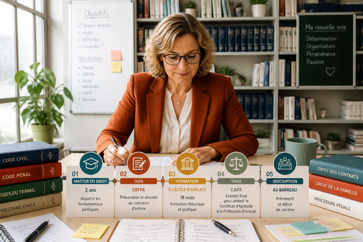Femme de 50 ans préparant sa reconversion pour devenir avocate, entourée de livres de droit et d’un parcours d’études juridique