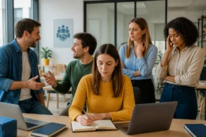Collègues en réunion, une personne prenant des notes face à des échanges sexistes évoquant le harcèlement sexuel au travail