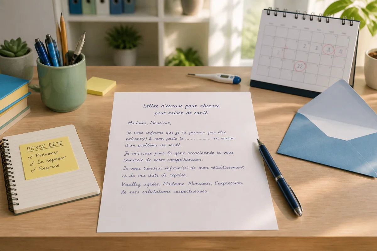 Lettre d'excuse pour absence maladie avec stylo, enveloppe, calendrier et thermomètre sur un bureau professionnel lumineux
