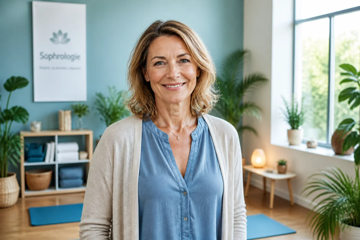Femme épanouie et confiante dans un cabinet lumineux pour illustrer une reconversion réussie pour devenir sophrologue à 50 ans.
