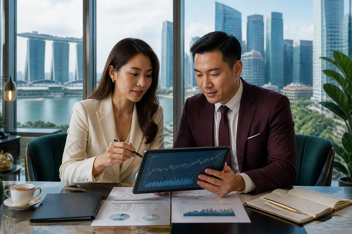 Professionnels de la finance consultant des graphiques à Singapour, avec la skyline moderne en arrière-plan.