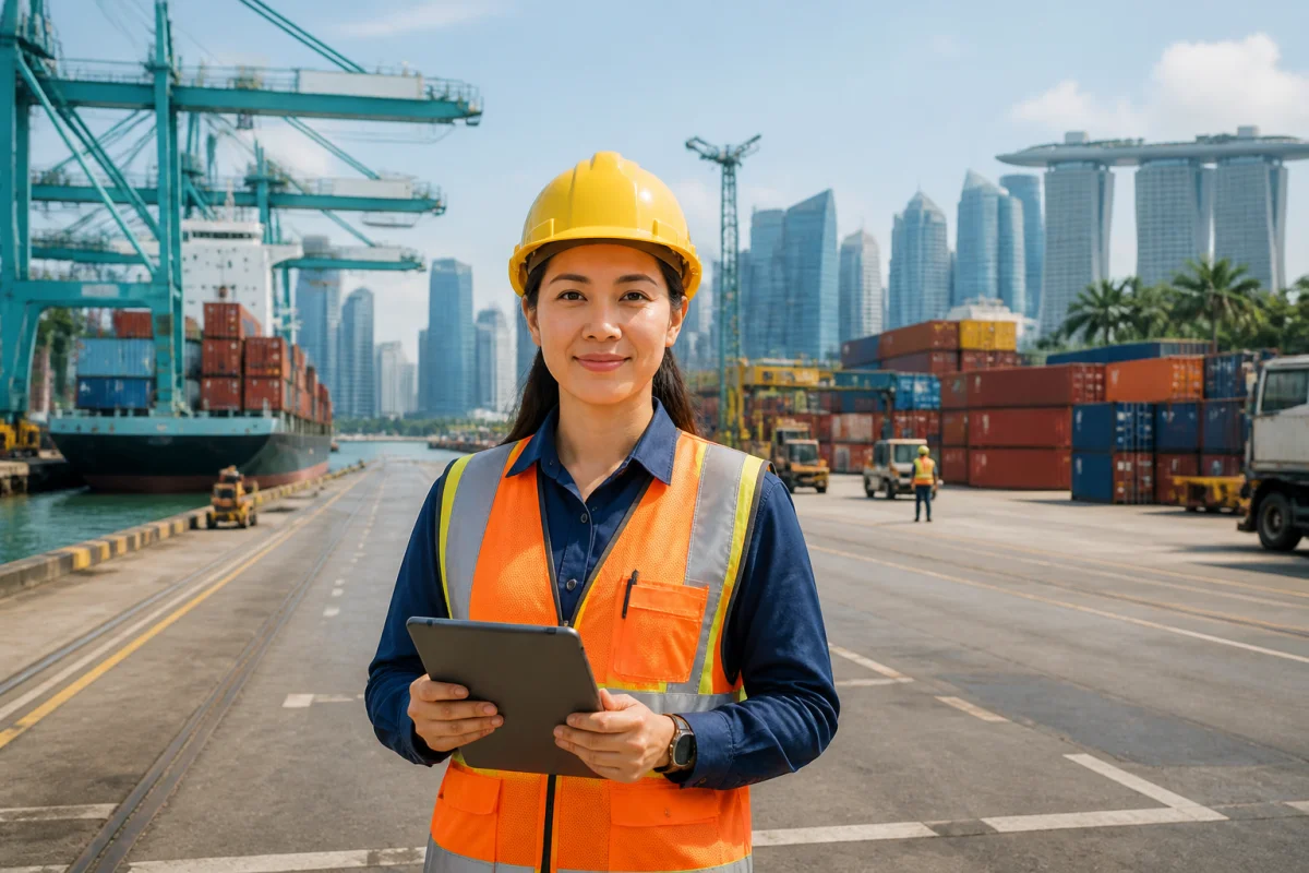 Professionnelle de la logistique maritime dans un port industriel de Singapour, illustrant le salaire moyen à Singapour en 2026