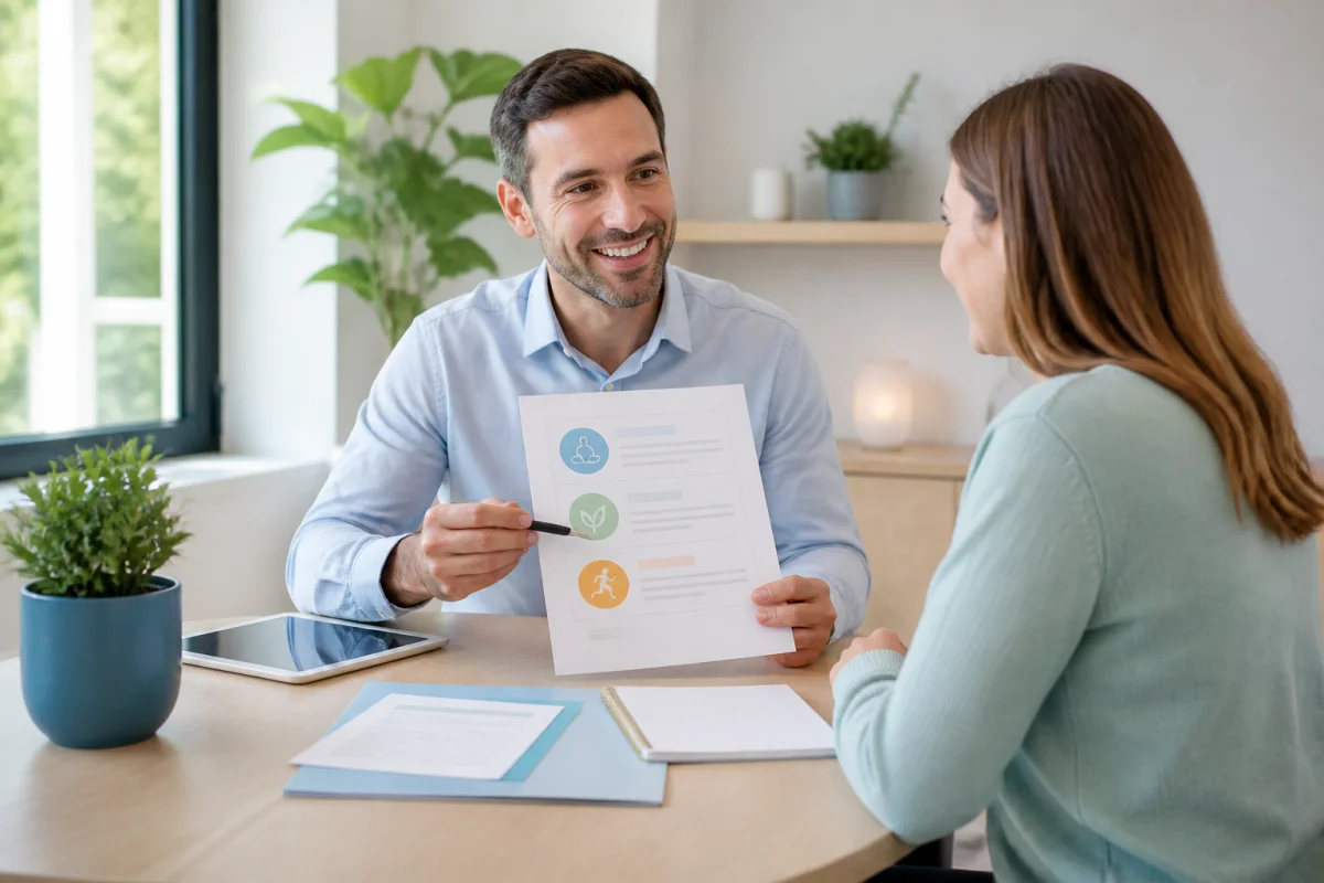 Albanygc : professionnel souriant accompagnant une lectrice lors d’une consultation personnalisée dans un espace moderne et lumineux.