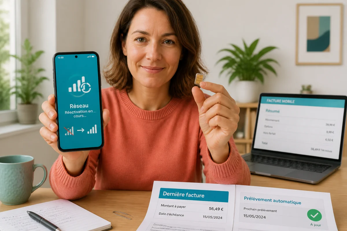Personne réactivant une carte SIM et son téléphone pour conserver son numéro lors d’un changement d’opérateur à domicile