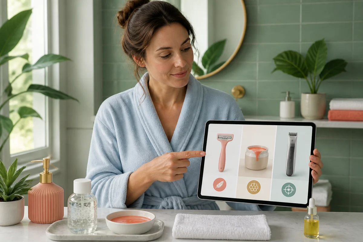 Épilation du maillot sans irritation : femme comparant rasoir, cire et tondeuse dans une salle de bain lumineuse.