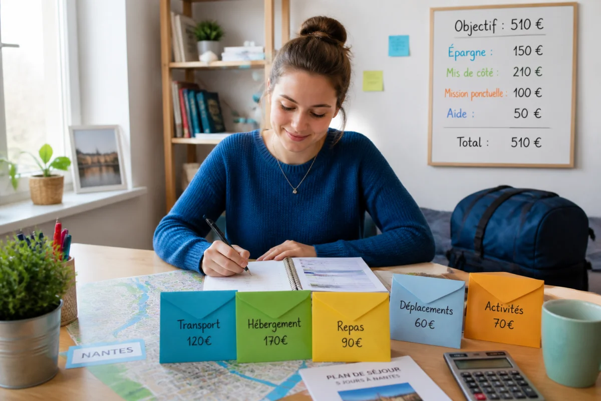 Étudiante organisant le financement d’un voyage étudiant avec un budget prévisionnel de 510 euros sur son bureau