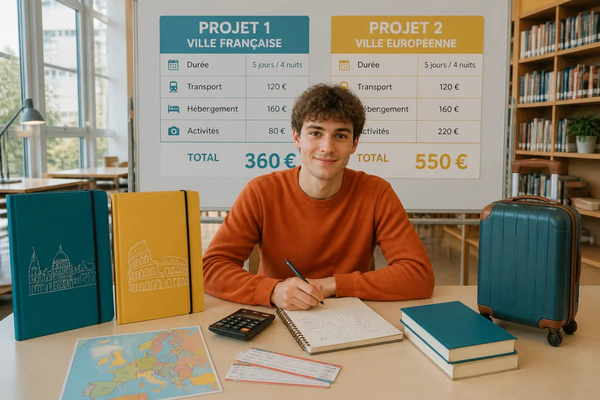 Étudiant comparant deux budgets de voyage, 360 € en France et 550 € en Europe, pour financer un voyage étudiant
