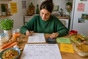 Étudiant organisant un budget alimentaire mensuel avec liste de courses, calculatrice et enveloppes budgétaires dans un studio chaleureux