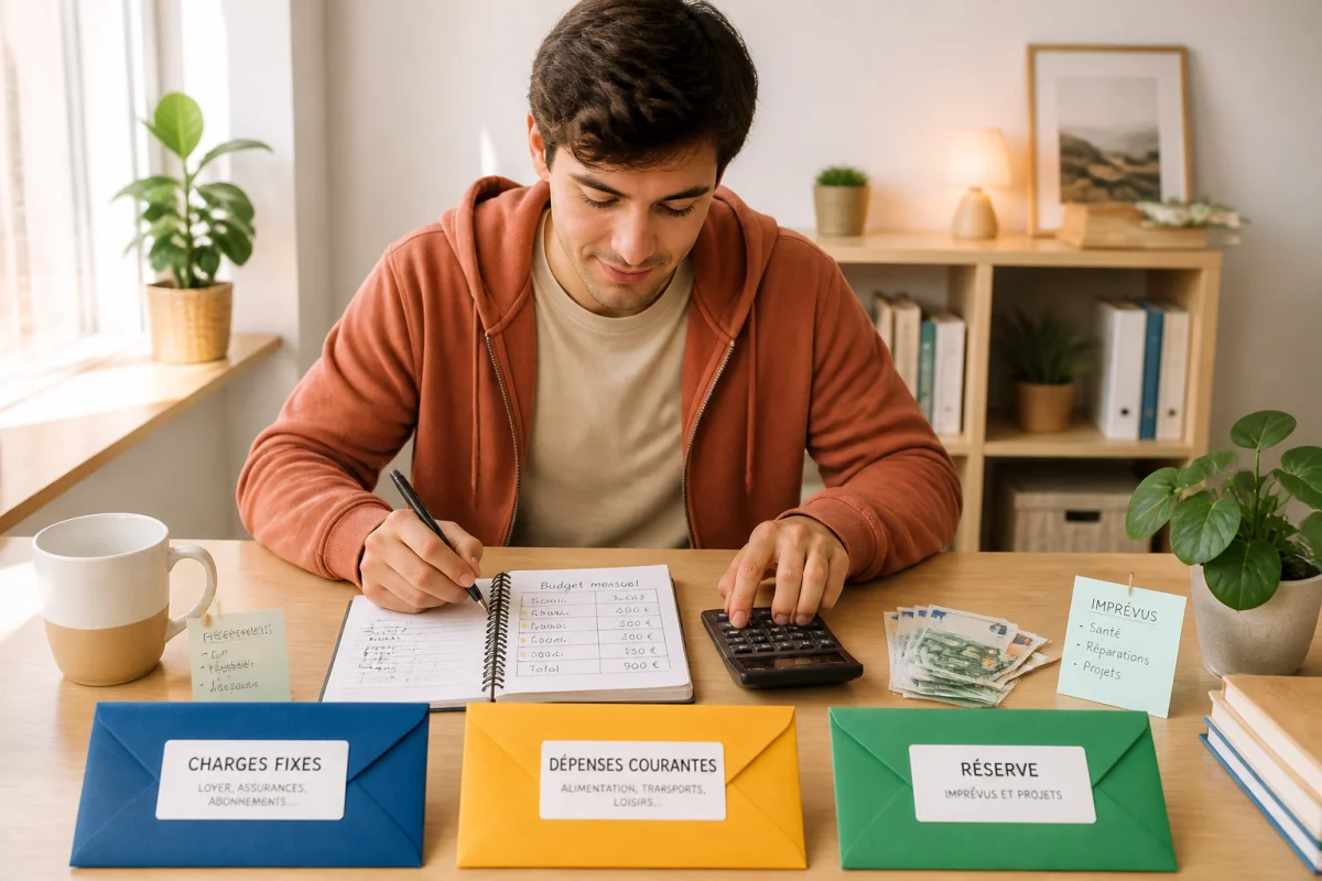 Étudiant organisant son budget mensuel avec trois enveloppes pour charges fixes, dépenses courantes et imprévus, calculatrice et billets