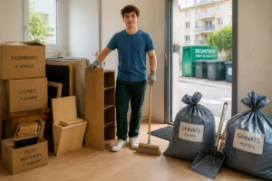 Étudiant organisant cartons, encombrants et gravats après un déménagement étudiant économique, avec tri méthodique et responsable