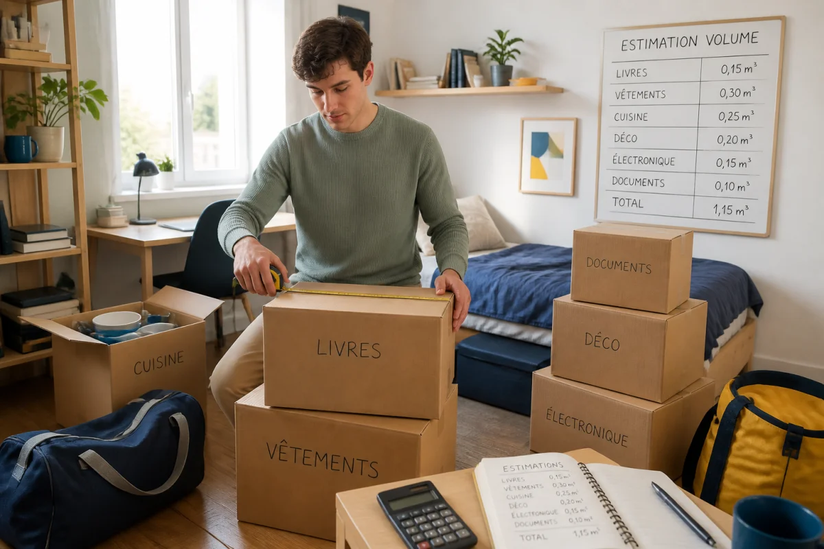 Étudiant estimant le volume de ses cartons avec un mètre ruban et une calculatrice avant son déménagement économique