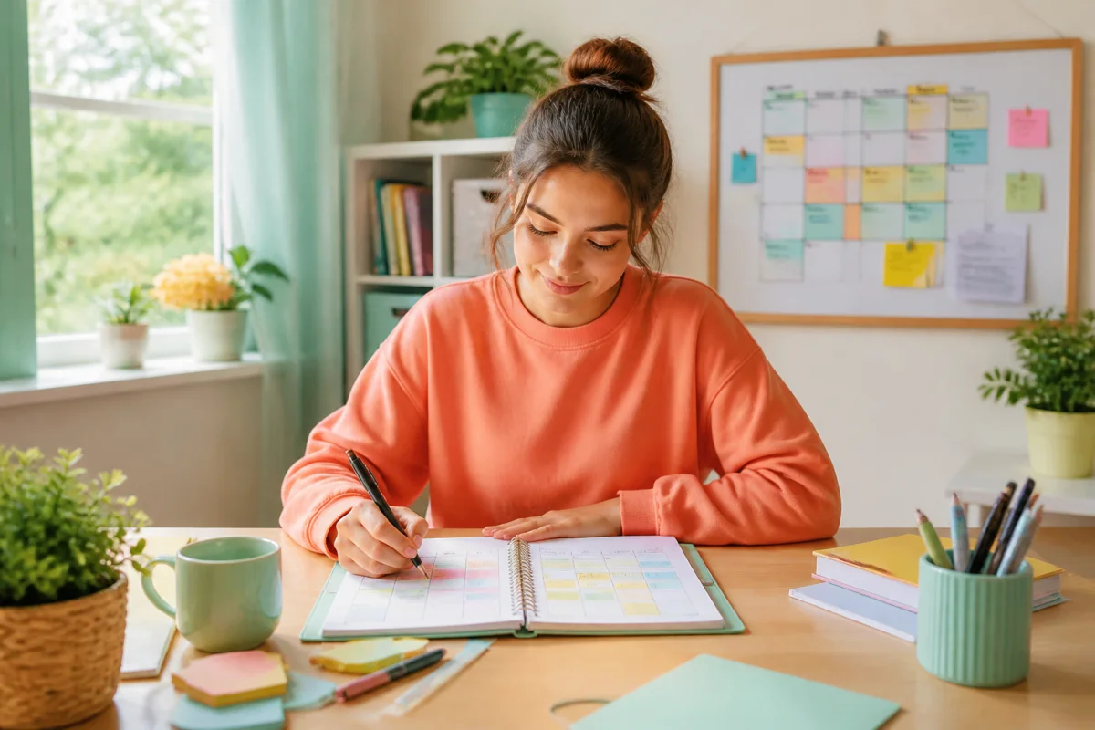 Étudiante sereine organisant son planning hebdomadaire pour améliorer la gestion du stress en période d’études