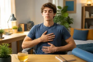 Étudiant pratiquant la respiration profonde dans sa chambre pour favoriser la gestion du stress en période d’études