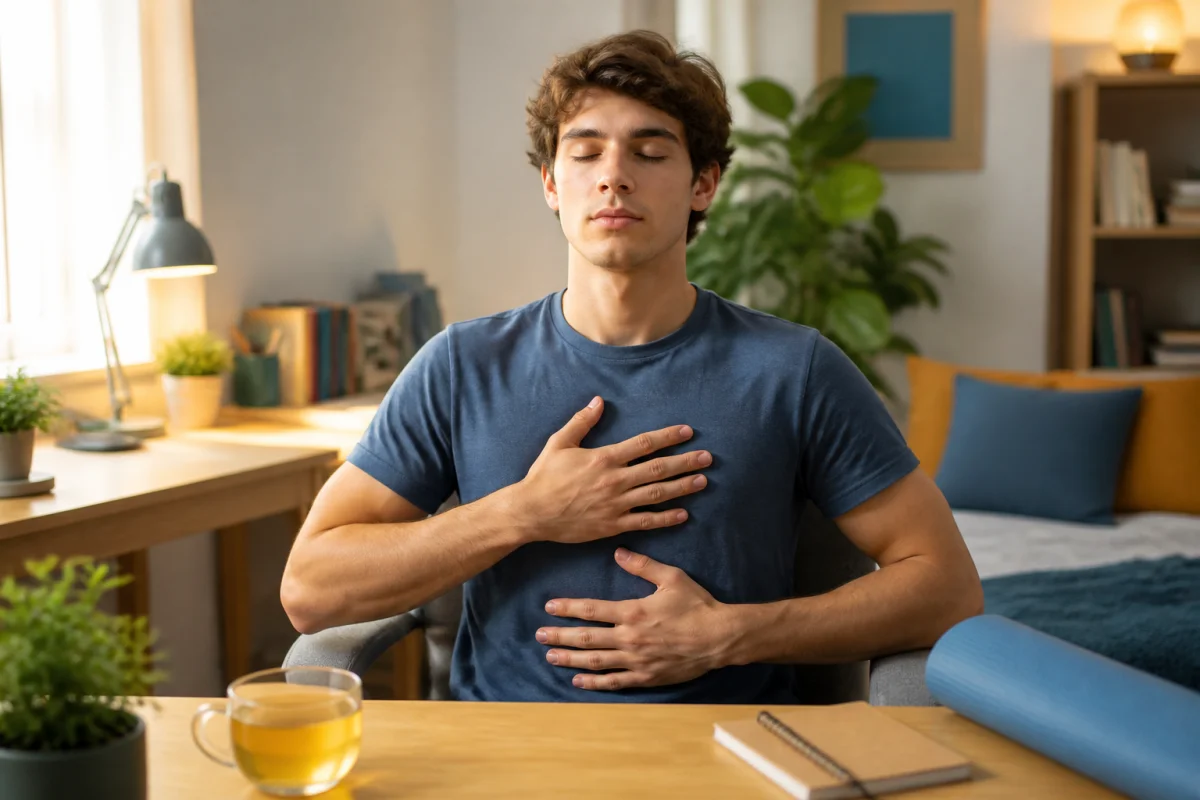 Étudiant pratiquant la respiration profonde dans sa chambre pour favoriser la gestion du stress en période d’études