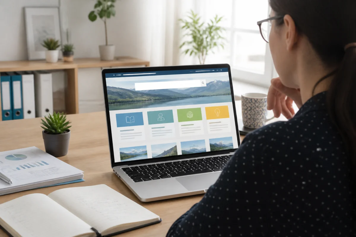 Personne consultant Hadlemans sur un ordinateur portable pour trouver des informations dans un espace de travail organisé