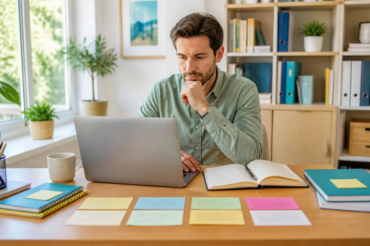 Personne consultant Hadlemans sur un ordinateur portable, entourée de notes organisées et de ressources éditoriales fiables