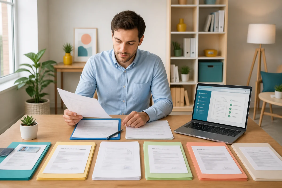 Entrepreneur préparant un dossier d’immatriculation d’entreprise avec documents administratifs classés et ordinateur affichant un dossier numérique