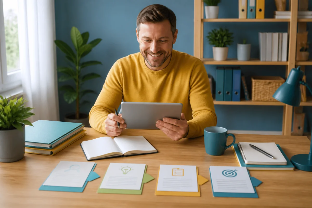 Personne souriante utilisant Justeo sur une tablette, avec documents organisés pour clarifier ses démarches et prochaines étapes