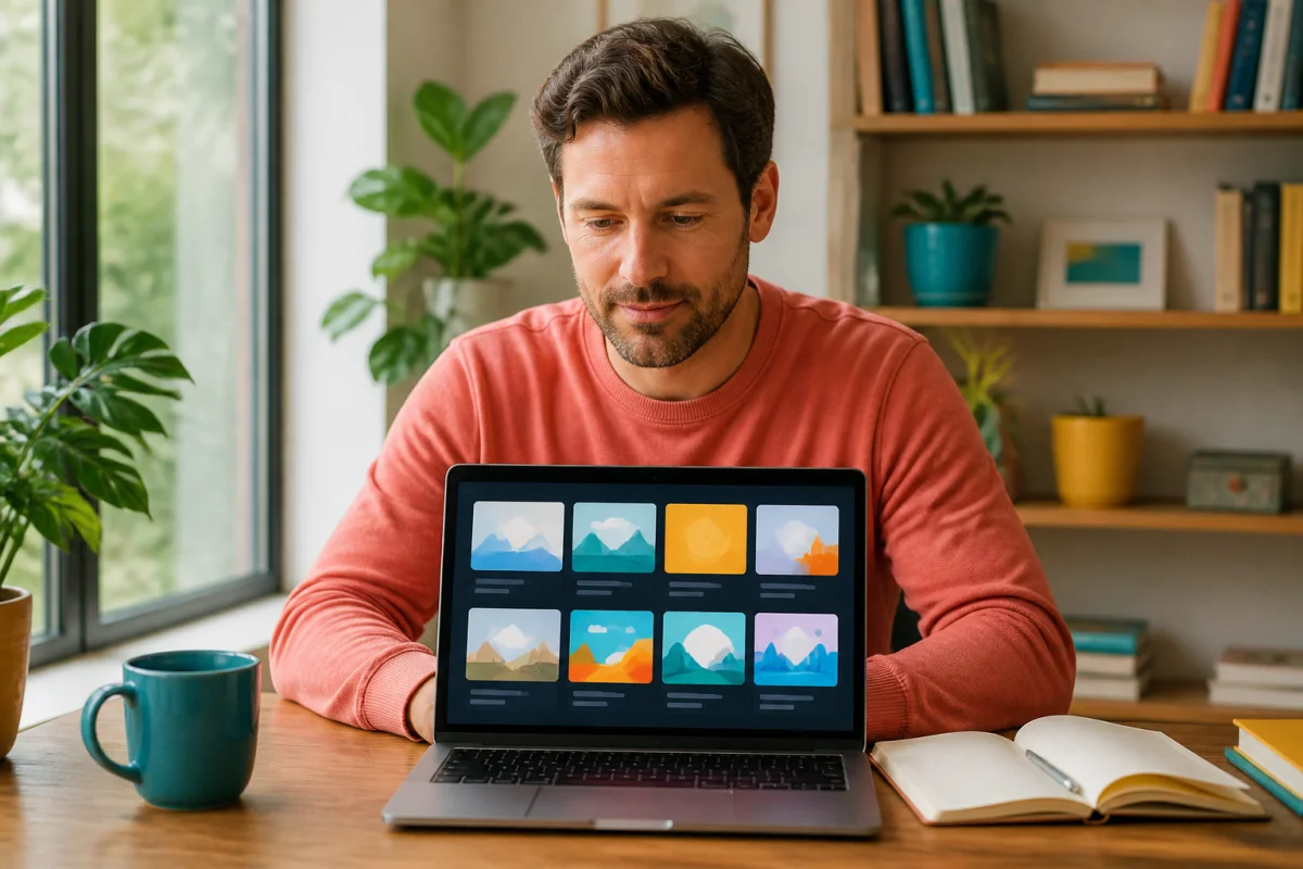Lecteur adulte consultant des contenus variés sur Albanygc depuis un ordinateur portable, dans un intérieur lumineux et contemporain