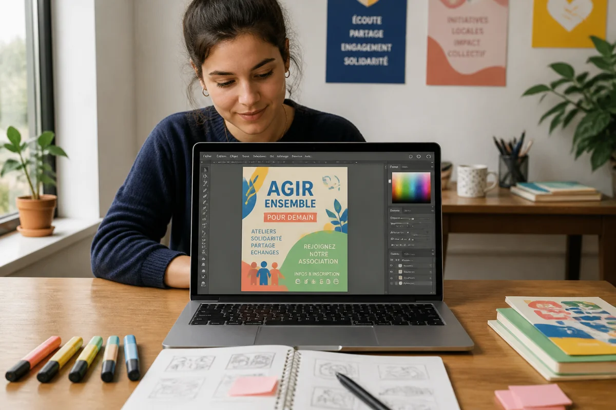Étudiante créant une affiche colorée avec un logiciel de dessin vectoriel gratuit sur ordinateur portable