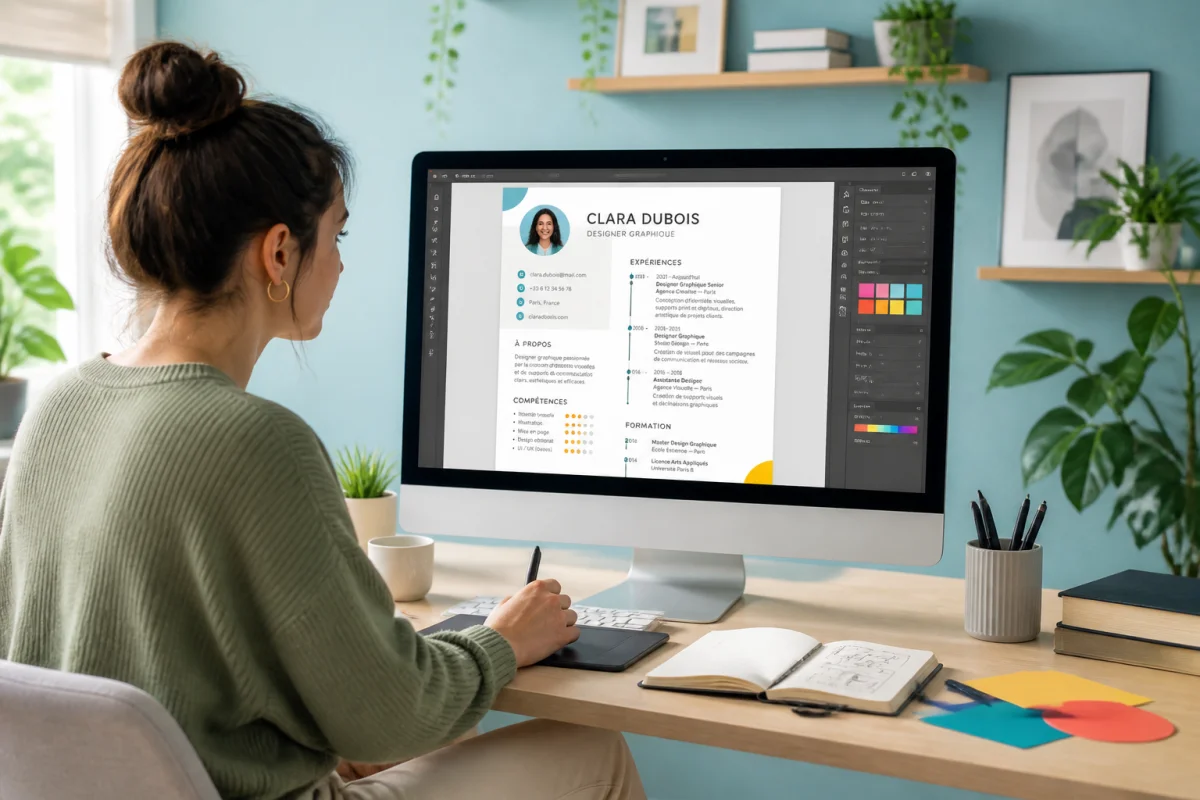 Jeune professionnelle créant un CV visuel sur un logiciel de dessin vectoriel gratuit, dans un bureau lumineux
