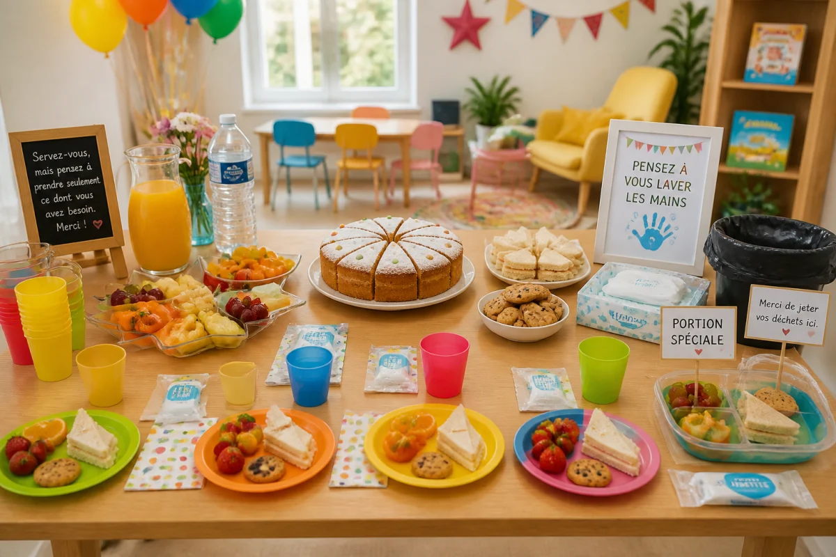 Table de goûter d’anniversaire pour enfants organisée, avec fruits, sandwichs, gâteau, boissons et portion spéciale séparée