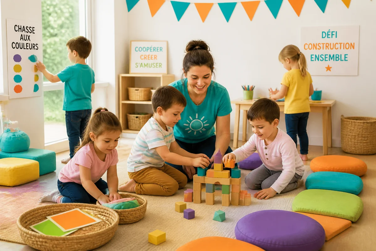Enfants participant à une chasse aux couleurs et un jeu de construction coopératif pour organiser un anniversaire d’enfant serein