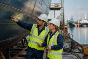 Orientation vers les métiers de la mer : professionnels inspectant la coque d’un navire dans un chantier naval.