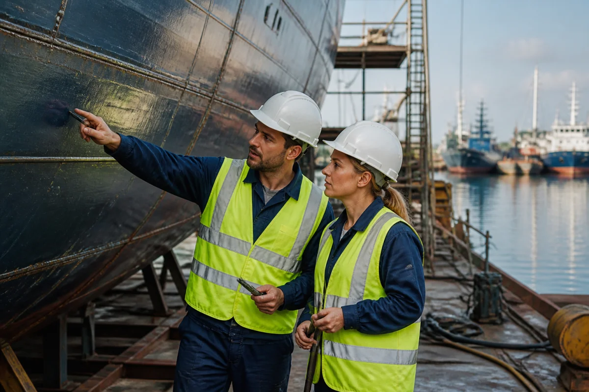 Orientation vers les métiers de la mer : professionnels inspectant la coque d’un navire dans un chantier naval.