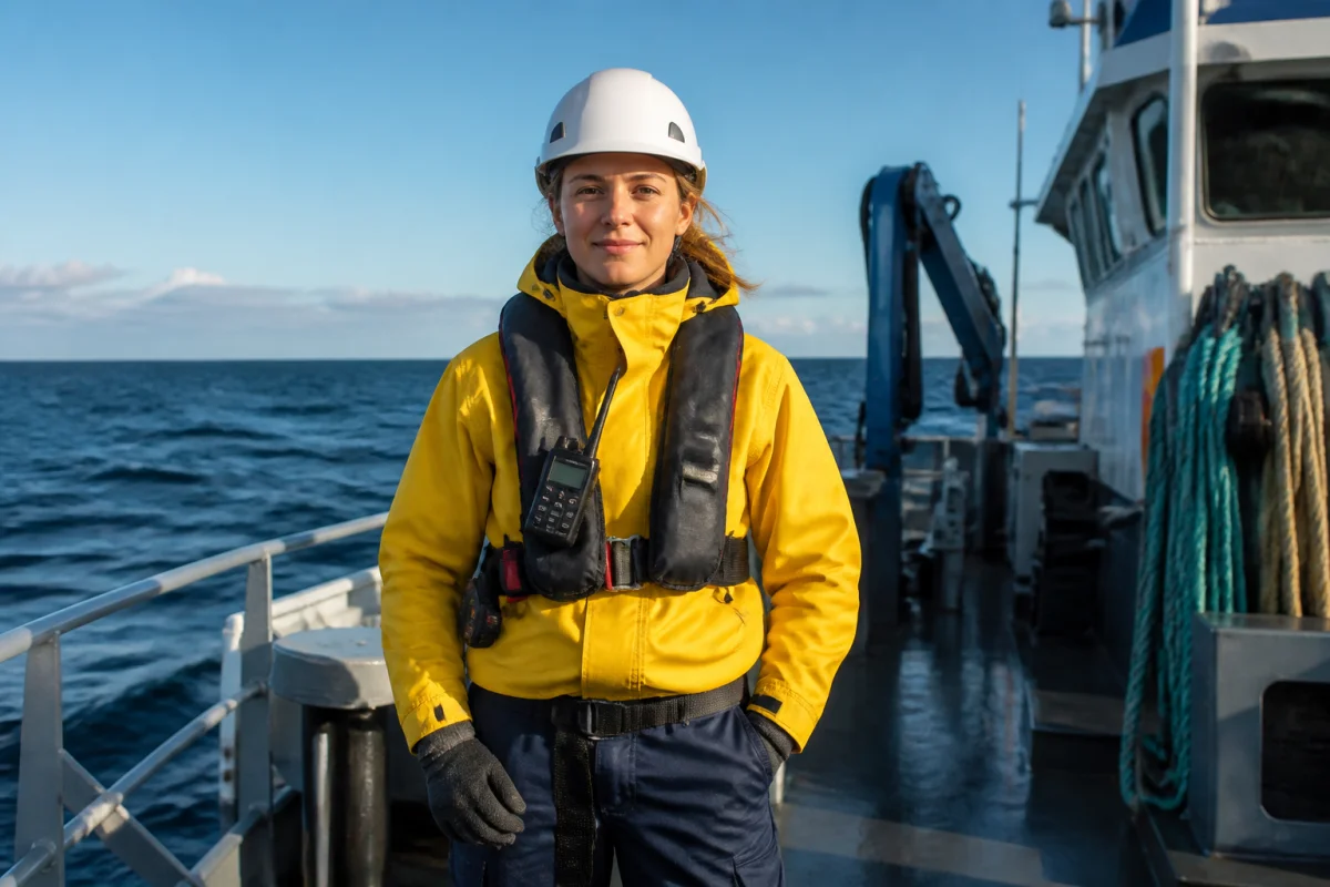 Jeune professionnelle en veste jaune sur le pont d’un navire, illustrant l’orientation vers les métiers de la mer.