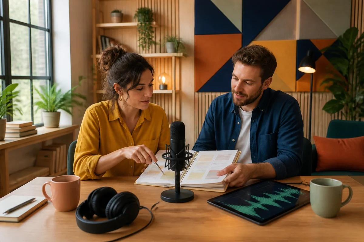 Professionnels préparant la ligne éditoriale d’un podcast de marque en entreprise dans un studio audio chaleureux