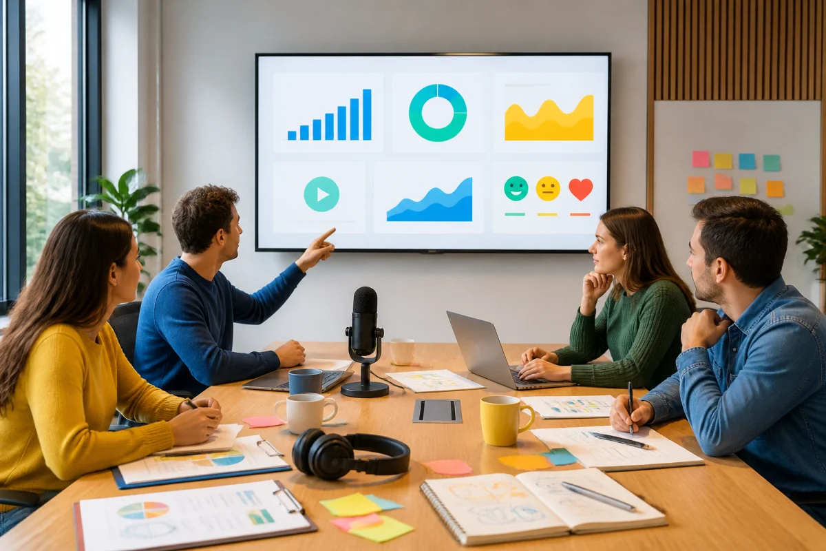 Équipe de communication analysant les performances d’un podcast de marque en entreprise sur un tableau de bord numérique