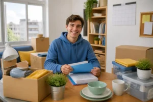 Étudiant souriant préparant son dossier de location étudiant dans un appartement entouré de cartons et objets essentiels